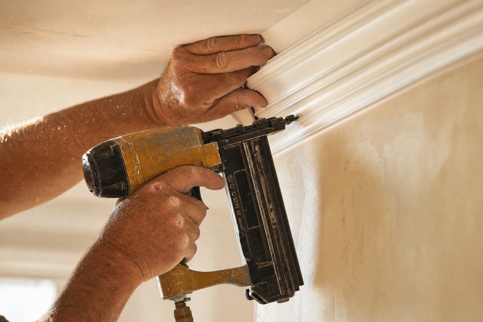 Craftsman installing crown molding in a restored Louisville dining room
