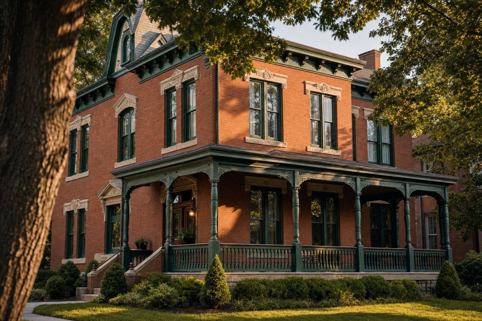 1890s brick Victorian in Cherokee Triangle after full exterior restoration, forest-green trim and wraparound porch
