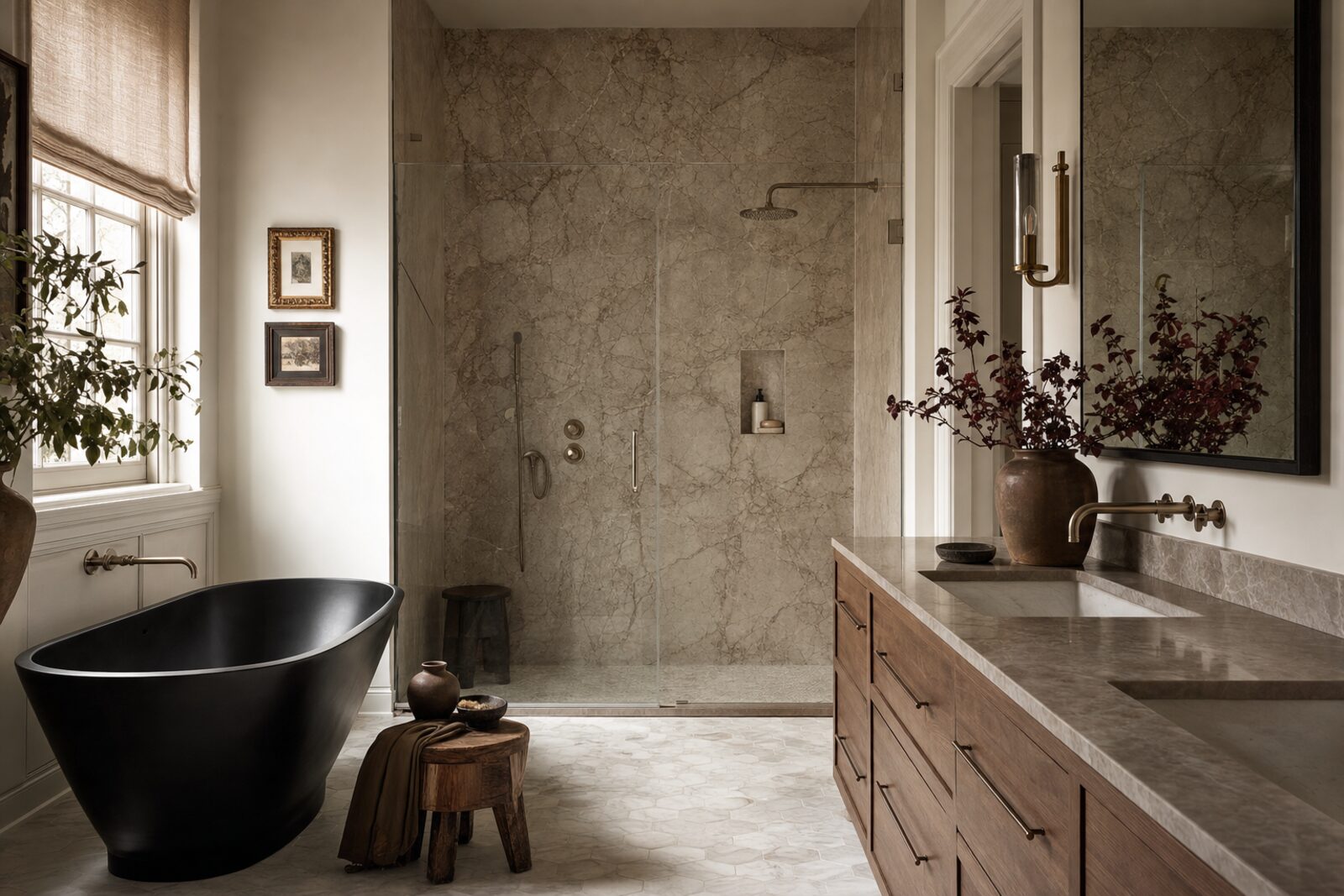 Restored primary bathroom with black cast-iron soaking tub, honed marble shower, and unlacquered brass fixtures