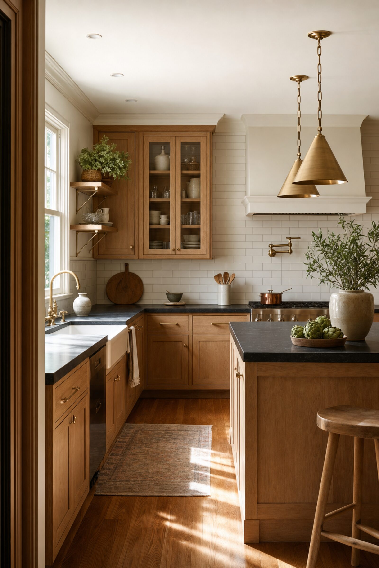 Renovated Louisville Highlands kitchen with white oak cabinets, honed soapstone counters, unlacquered brass fixtures