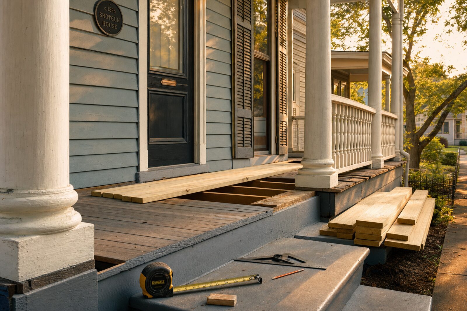 Louisville shotgun porch mid-repair with new tongue-and-groove decking and rebuilt column bases