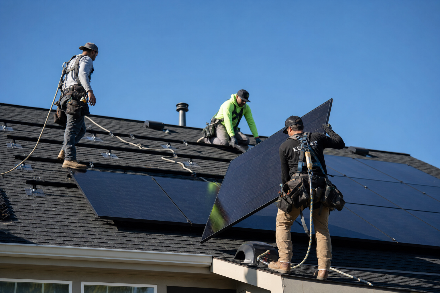 Installers placing solar panels on a shingle roof